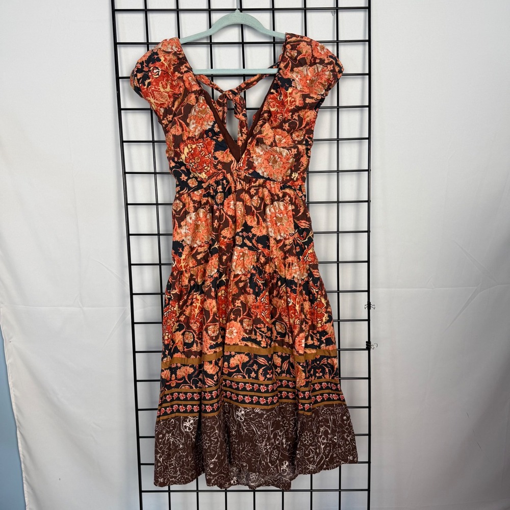 Anthropologie Floral Midi Dress Womens 2 Red Orange Tiered V-Neck Babydoll Boho